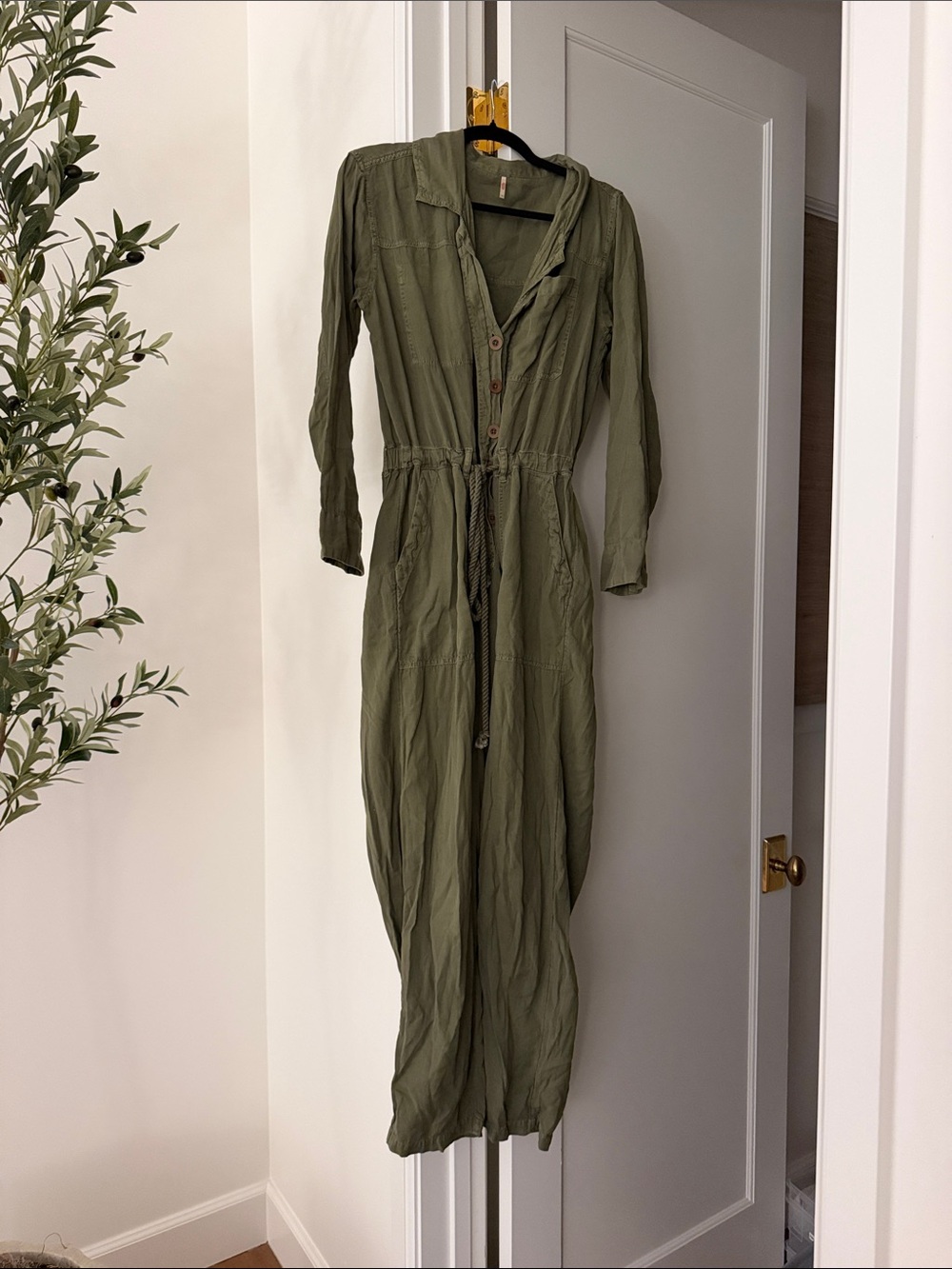 Free People Utility Olive Green Long Button-Front Jumpsuit